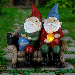 Exhart Good Time Bud Buddies Gnome Statue - Hand-Painted Gnome Best Friends Eating Chips & Smoking Marijuana Weed w/LED Accent Lights - Resin Gnome Decor Perfect for Home Garden Art, 10 Inches Tall