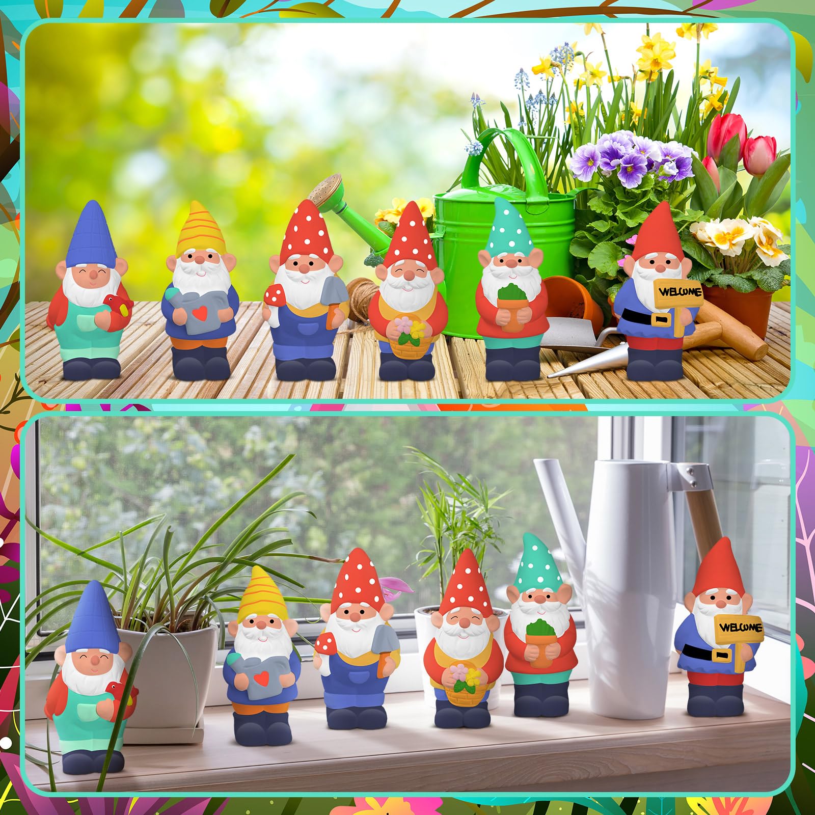 Simgoing 6 Sets Ready to Paint Your Own Garden Gnomes Statues Summer DIY Unfinished Ceramic Gnomes for Painting Figures Plaster Arts and Crafts with Brush Palette for Adults