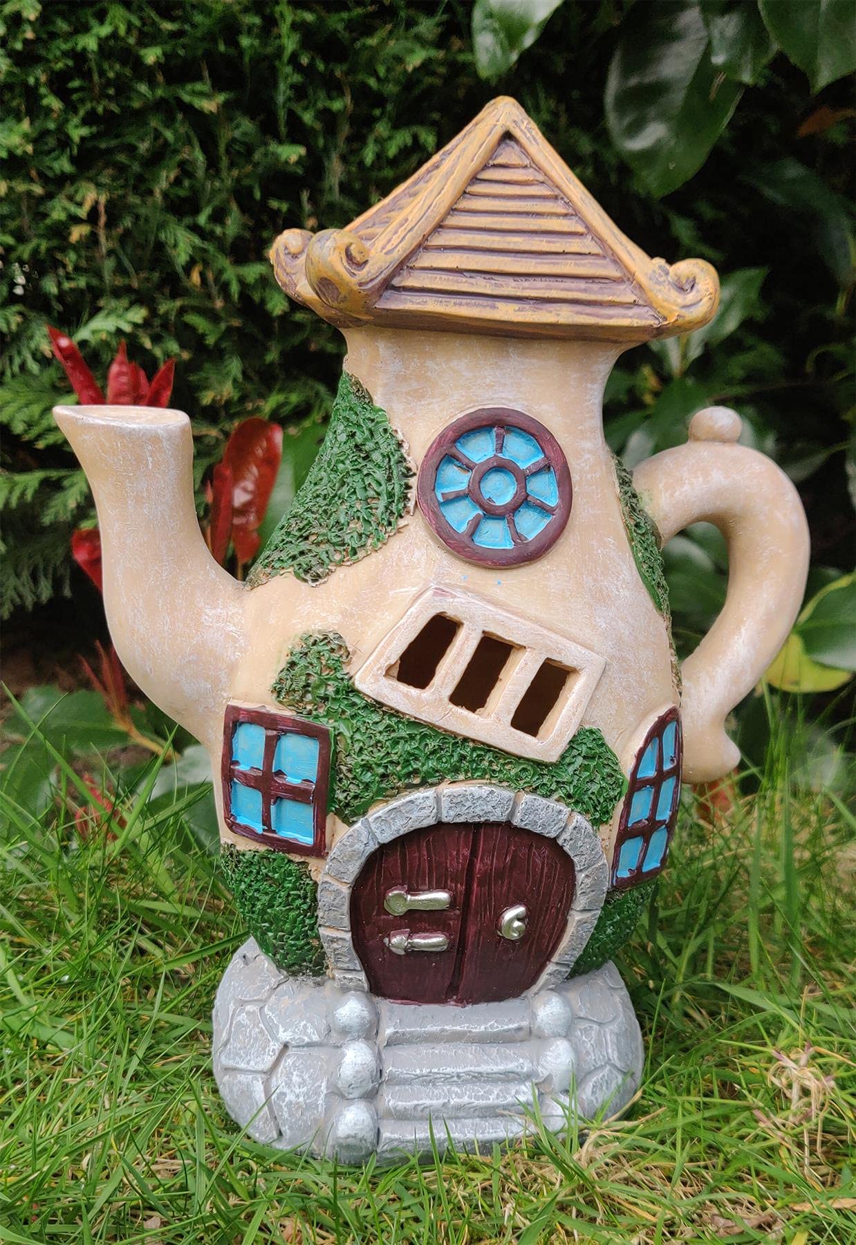 ALT90 Solar Fairy Garden Teapot House and Doors LED Illuminated Outdoor Ornaments Weatherproof [Solar Teapot House]