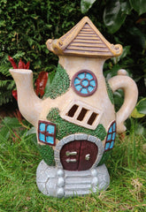 ALT90 Solar Fairy Garden Teapot House and Doors LED Illuminated Outdoor Ornaments Weatherproof [Solar Teapot House]