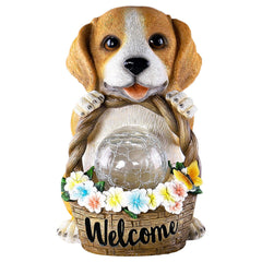 Puppy Garden Ornament Outdoor with Solar Light with Crakle Glass Balls, Resin Garden Statue Figurine for Patio Lawn Yard Decor