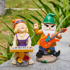 Rock N Roll Musician Gnomes with Solar LED Light Instruments | Set of 2 | Musician, Pianist, Guitarist Garden Statue, Yard Art Décor, Indoor & Outdoor Ornament for Lawn, Patio Sculpture - 10"-11" H