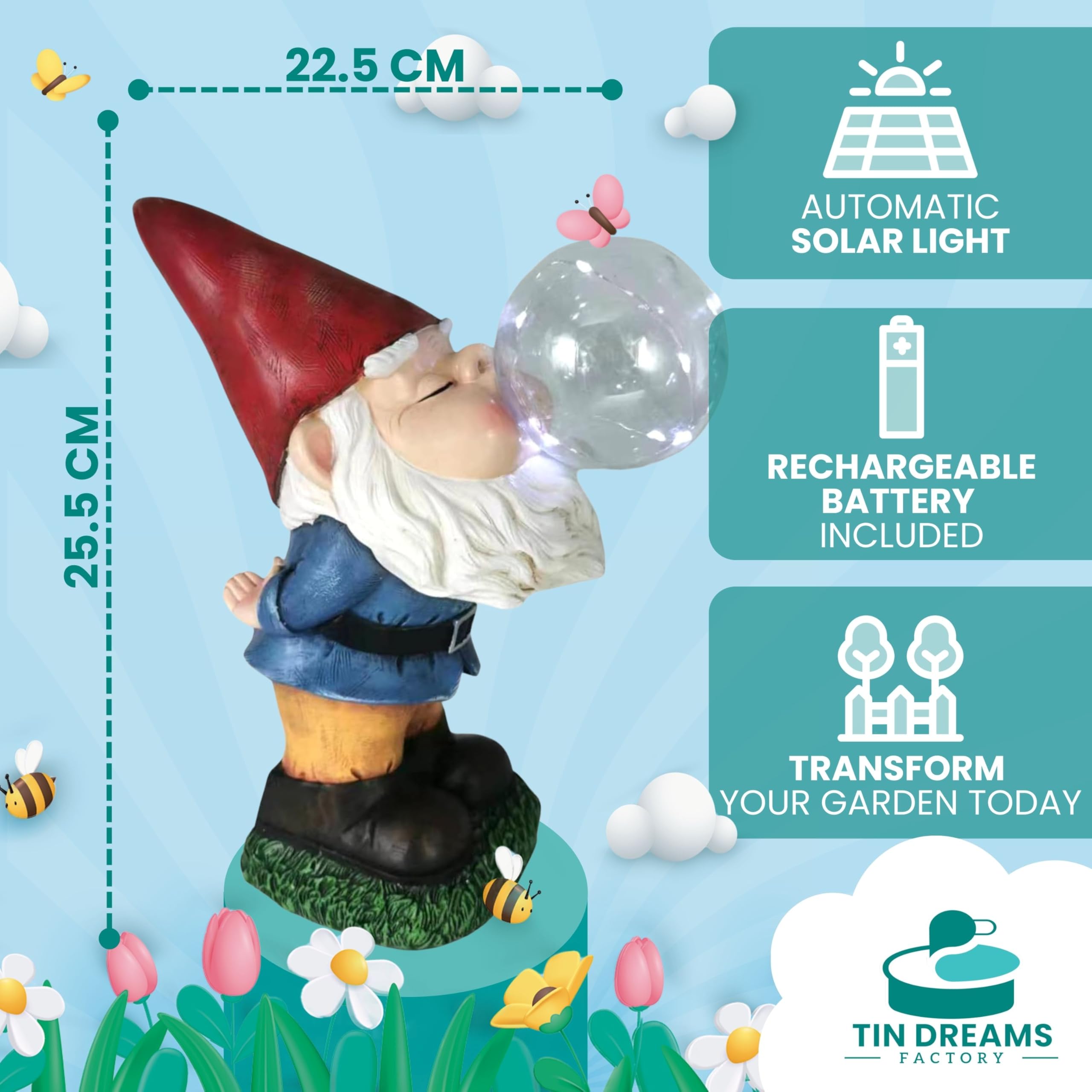 TIN DREAMS FACTORY | Tattletale Gnome with Solar Light – Decorative Garden Resin Figure – Outdoor Gnome with Glowing LED Bubble – Fun Ornament for Garden, Patio & Terrace