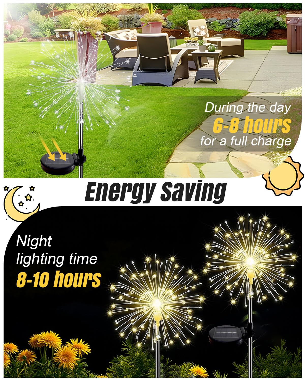 KALAHOL Solar Firework Lights 180 LED 2 Pack, 8 Modes Solar Lights Outdoor Garden IP65 Waterproof, Decoration for Pathway Flowerbed Party Ornaments Yard(Warm White)