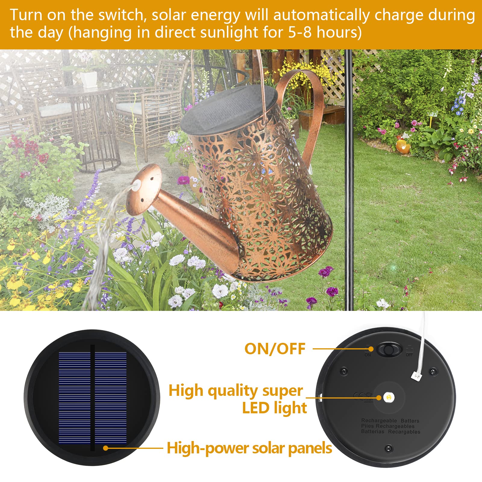 FLSEPAMB Watering Can Solar Lights Garden (2 Pack), IP65 Watering Can with Cascading Lights, Warm Watering Garden Light Decor with Bracket for Pathway, Yard, Patio, Backyard, Bronze, (HSD)