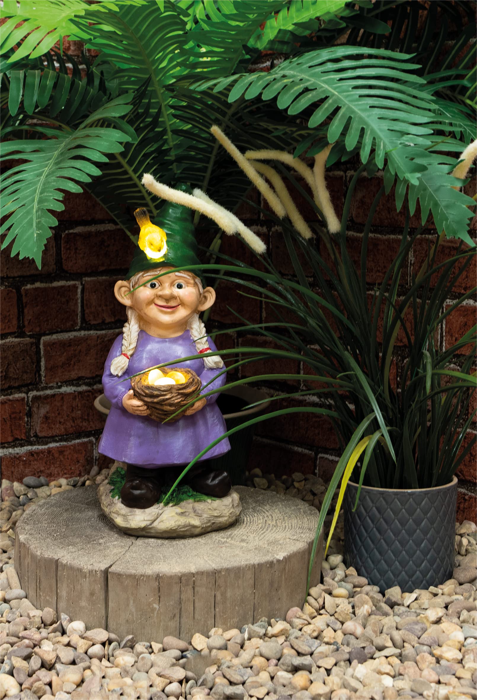 Solar Garden Ornament - Lady Gnome with Egg Basket, classic gnome ornament