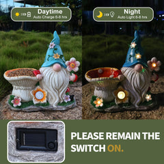 Outdoor Solar Gnome Sculpture Feeder - Outdoor Sculpture Bird Eating Bird Bath Solar Lighting Blue Hat Gnome Decoration Outdoor Decoration Resin Garden Statue Backyard 11 Inch