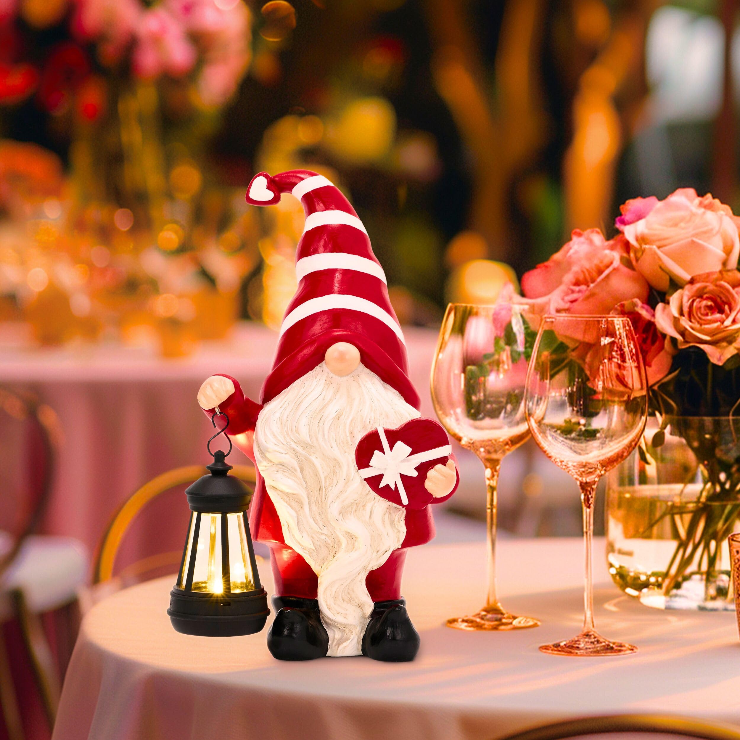 TERESA'S COLLECTIONS Valentines Decorations, Valentines Gonks Gifts, Cute Red Gonks with Solar Lanterns, Waterproof Resin Gnomie Gifts for Wedding Anniversary Party Decor Indoor Outdoor, 20CM