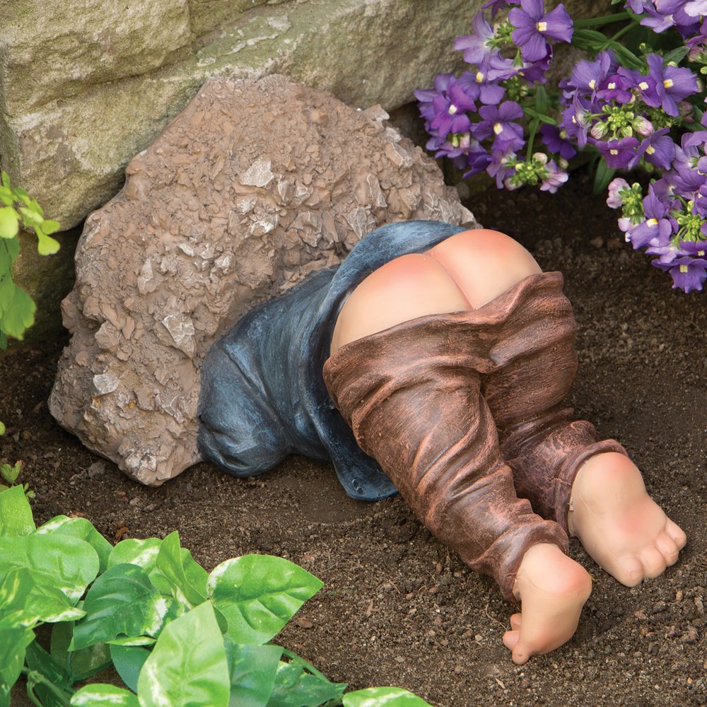 Bits and Pieces - Caught with His Pants Down Garden Statue - Naughty Gnome Yard Art, Funny Elf - Polyresin Statue Measures 13-1/2" High x 5" Wide