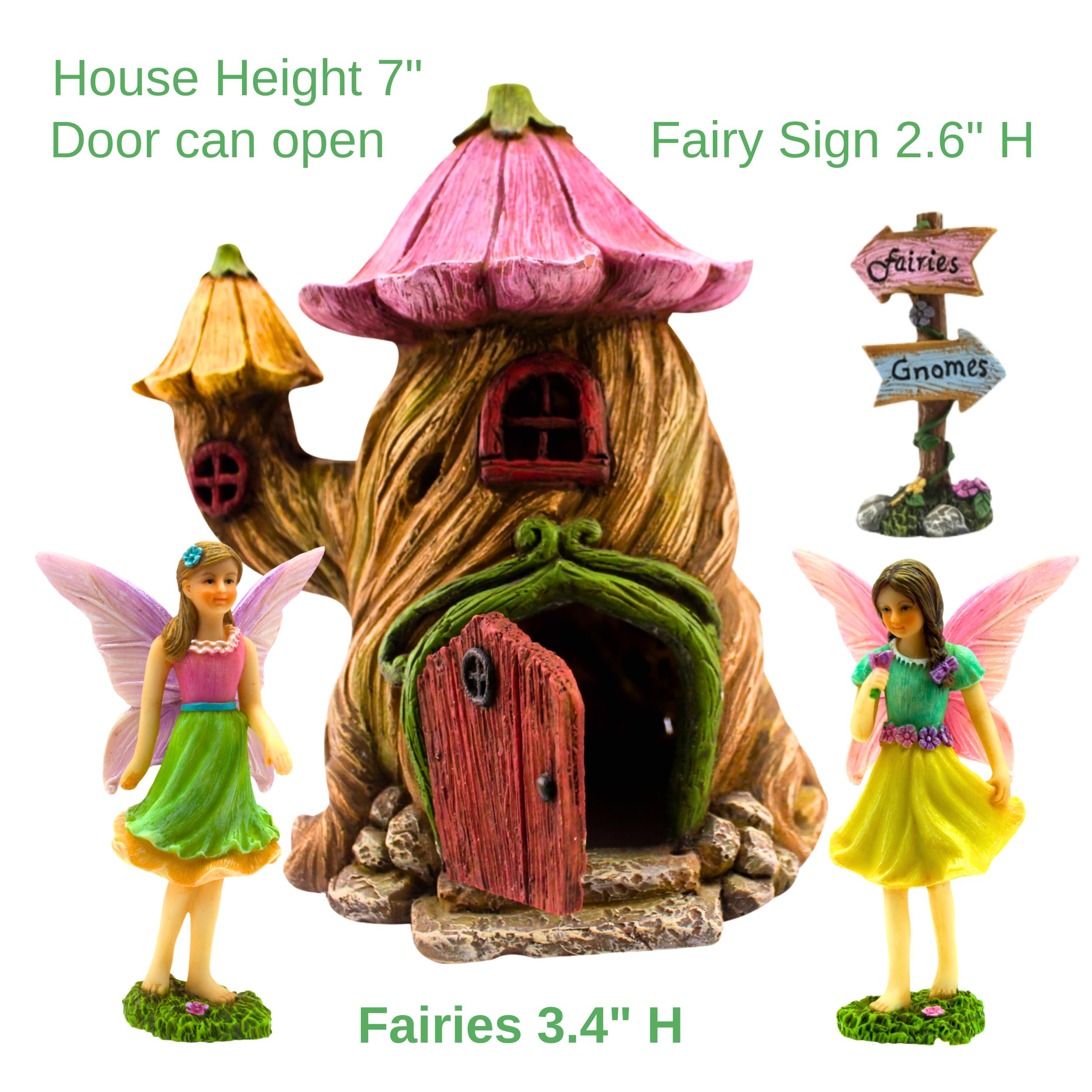 PRETMANNS Fairy Garden House Kit, with Accessories Figurines & Sign – House & Fairies for an Outdoor Miniature Garden – Door can open wide - 4 Pieces