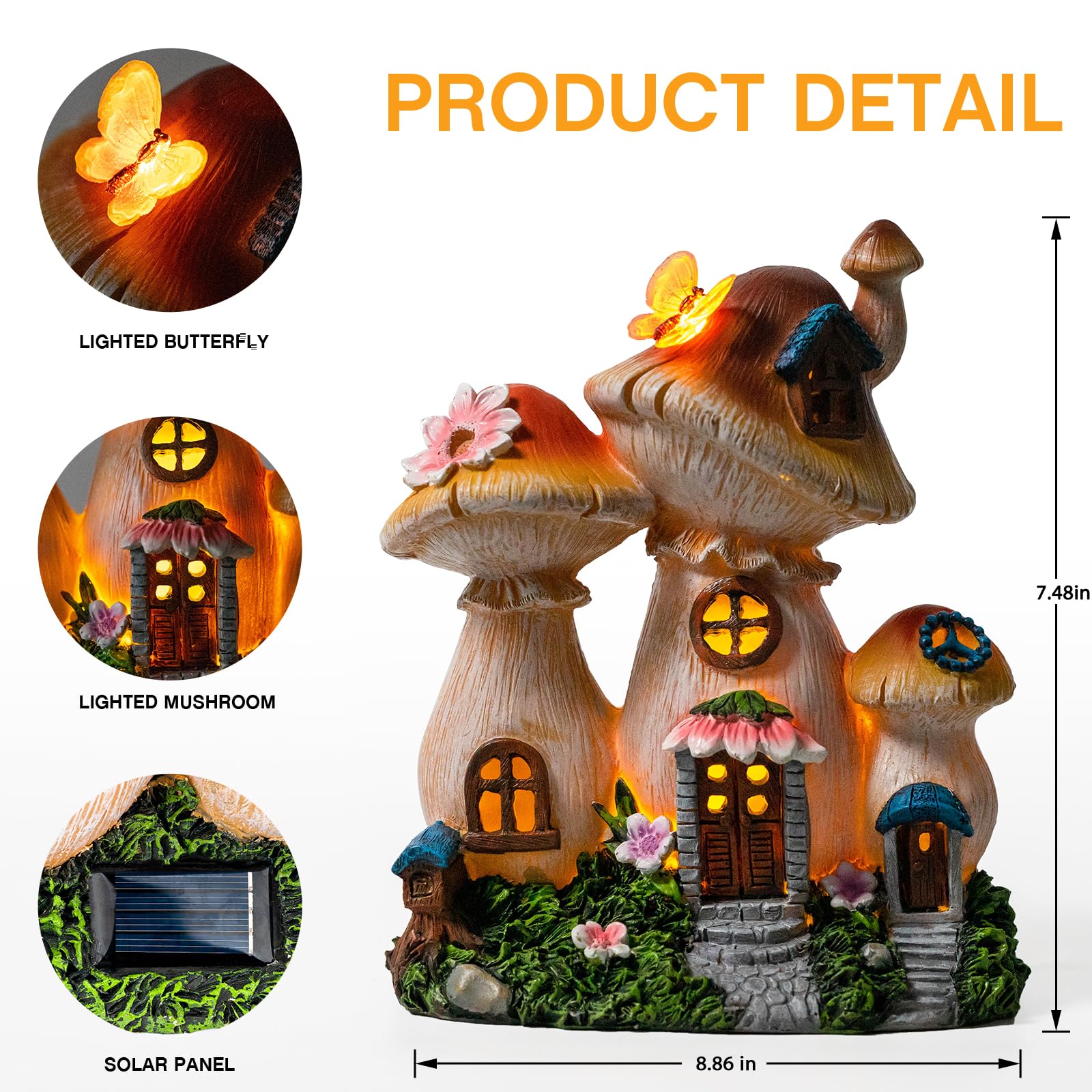 Candieslife Solar Garden Statue Lights Mushroom Fairy House Figurine, Outdoor Memorial Garden Ornaments Gift Waterproof Decoration for Outside Patio Yard Lawn Decor