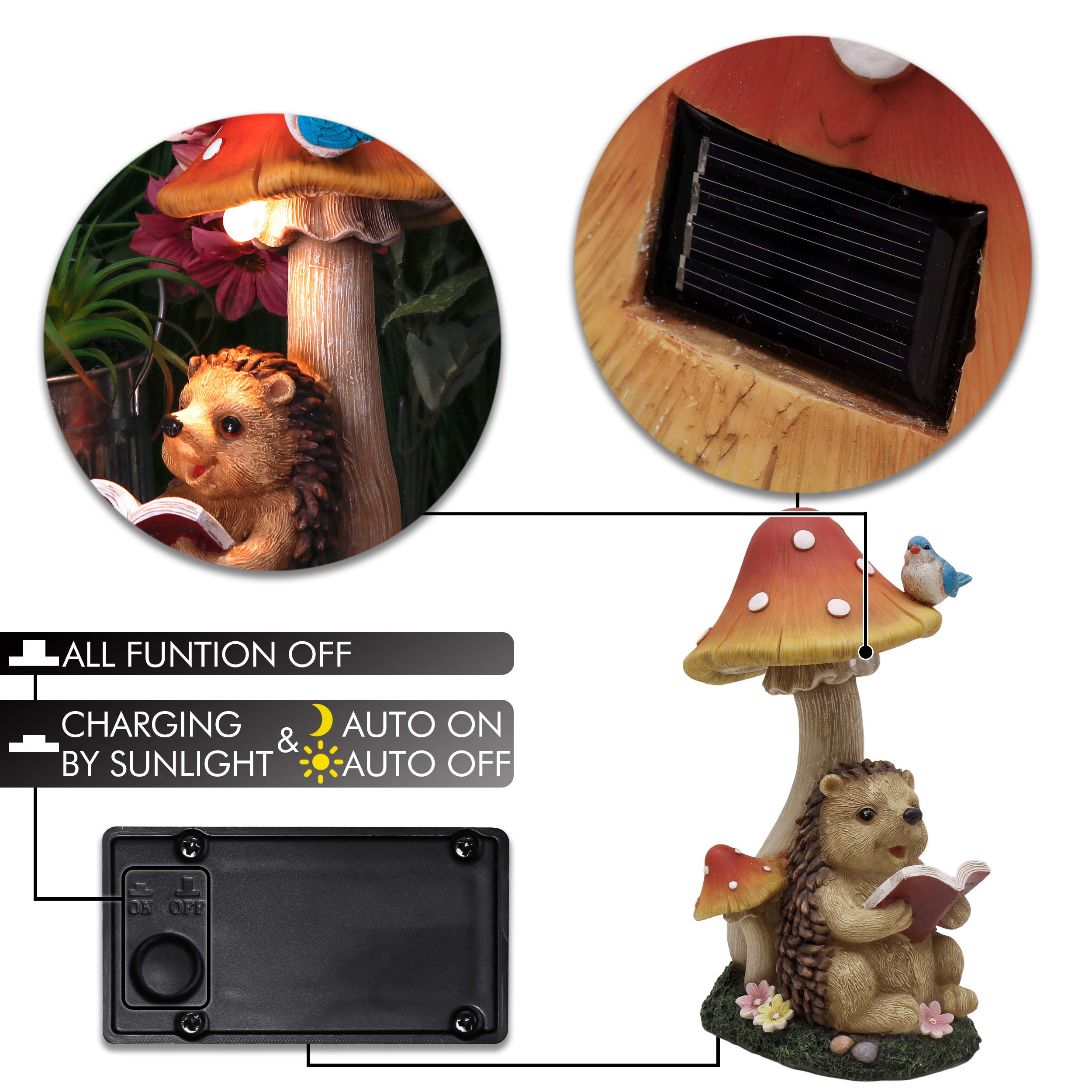 TERESA'S COLLECTIONS Garden Ornaments Outdoor, Lovely Hedgehog and Mushroom with Solar Lights, Waterproof Resin Hedgehog Ornaments, Hedgehogs Gifts, Birthday Gifts for Mum, Indoor Outdoor 17.5CM