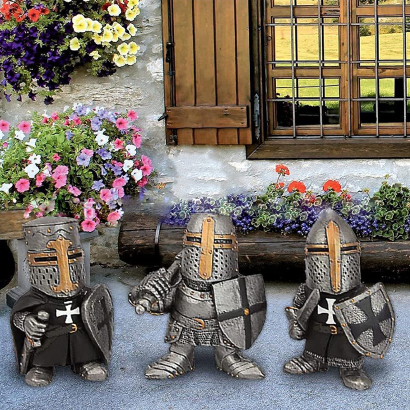 Knight Gnomes Guard Garden Gnome Ornaments Outdoor Medieval Crusader Knight Suit Statue Waterproof Resin Ornament for Yard Lawn Garden Decorations (F)