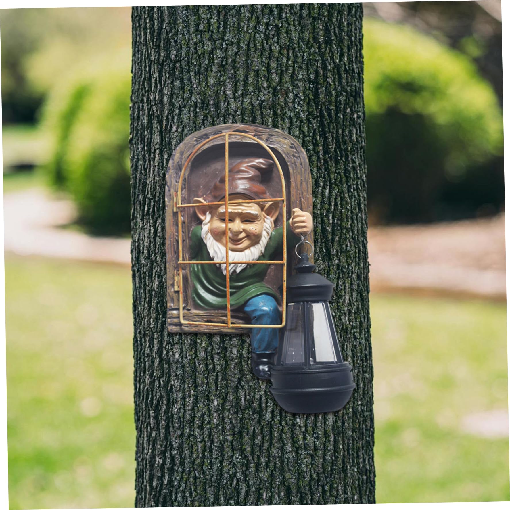 Hbbgdiy Solar-Powered Whimsical Fairy Garden Gnomes Set, Elf-Out-the-Door Tree Face Figurines with Solar Lights for Patio, Fence & Housewarming Gifts
