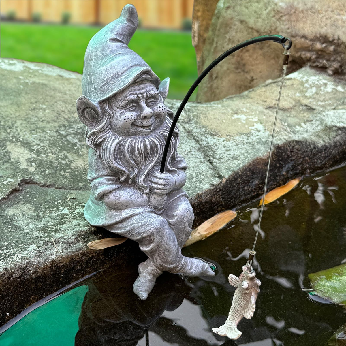 Garden Gnome Pond Statue Decoration, Fishing Gnome Garden Statue Outdoor Koi Pond or Waterfall Decor, 9.7" Stone Gnome Fishing Poolside Statue with Glow in Dark Pebbles Included, Great Gifts for Mom