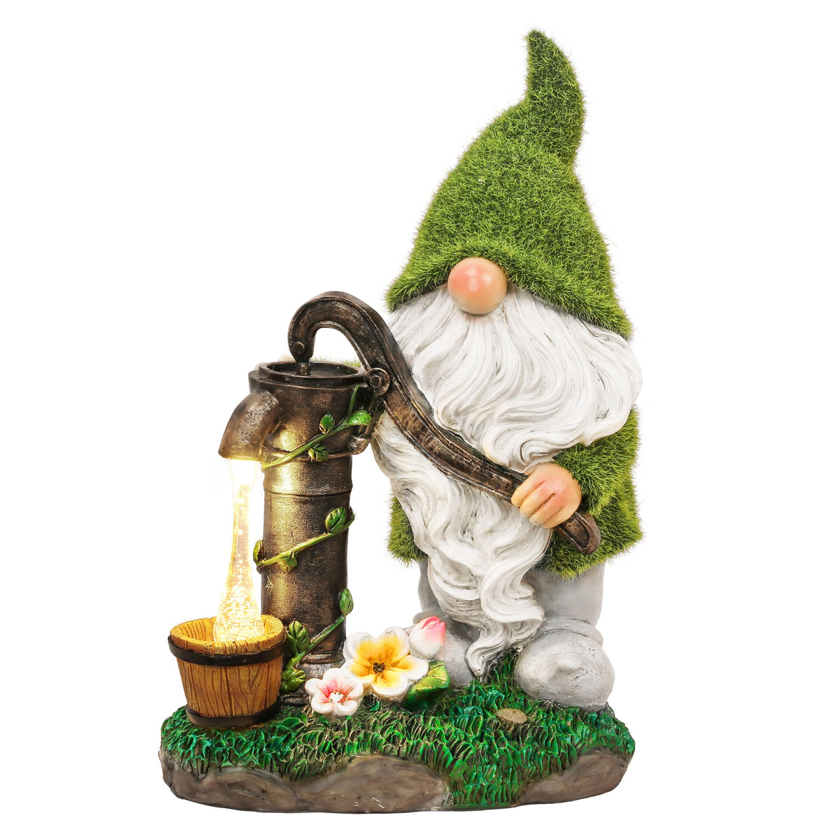 TERESA'S COLLECTIONS Garden Ornaments Outdoor, Lovely Green Clothes Gonk Pumping Water with Solar-Powered Lights, Waterproof Resin Gnomes Ornaments, Garden Decorations Gifts, Indoor Outdoor 22.5CM