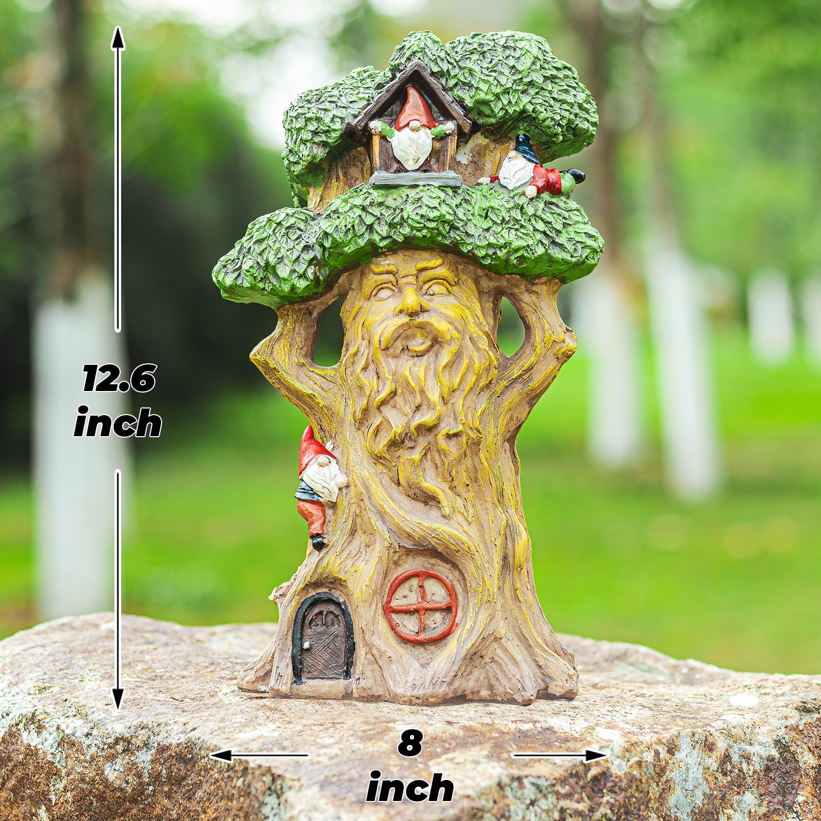 Ovewios Garden Gnome Statues with Solar Lights - 12.8 Inches Tall Resin Treehouse Figurine wtih Gnomes, Fairy House Lawn Ornaments for Outdoor Patio Yard Decoration