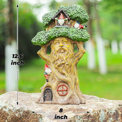 Ovewios Garden Gnome Statues with Solar Lights - 12.8 Inches Tall Resin Treehouse Figurine wtih Gnomes, Fairy House Lawn Ornaments for Outdoor Patio Yard Decoration