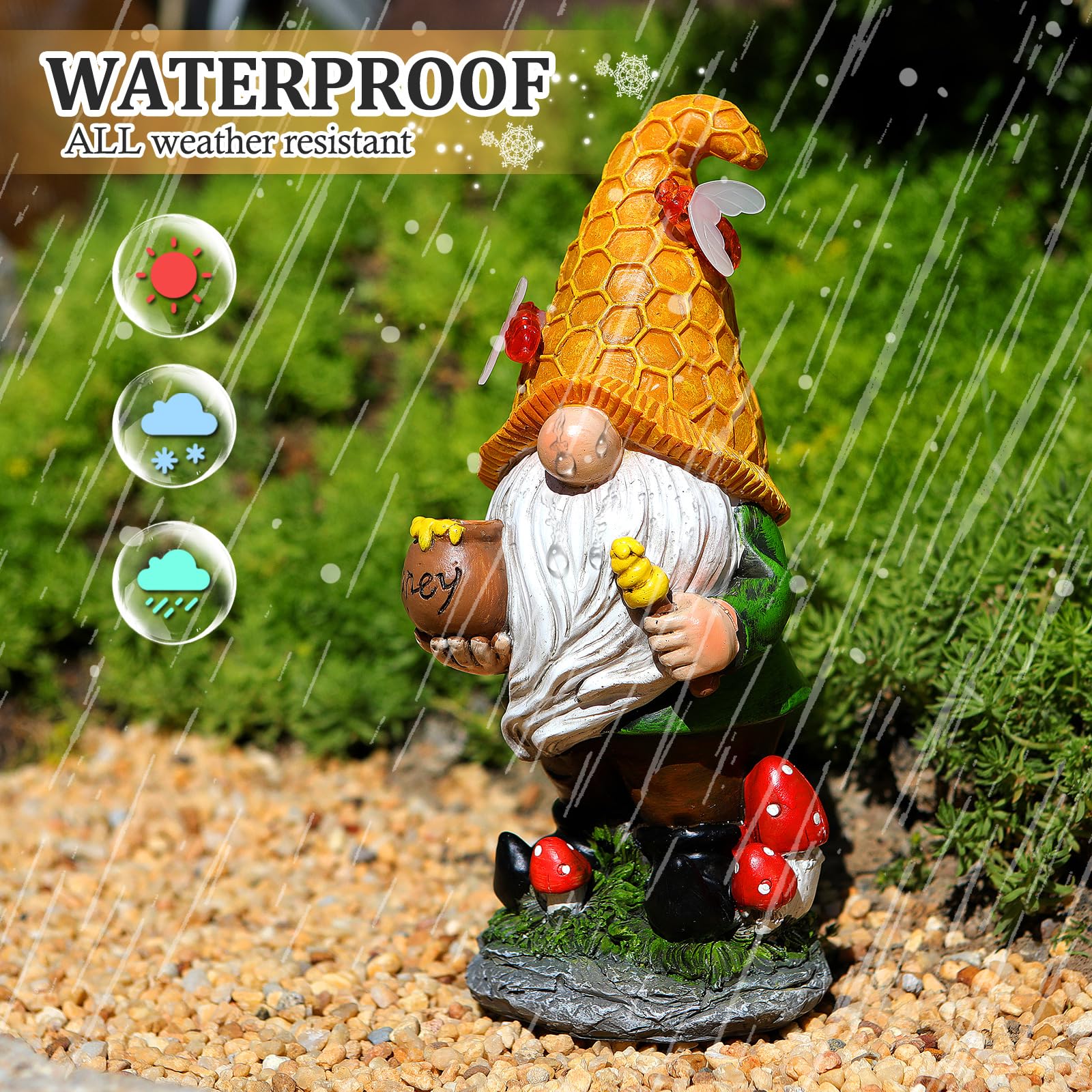 VChymm Flocked Garden Gnome Statue with Solar LED Light, Large Funny Fairy Gnomes Figurines with Solar Lantern, Outdoor Fall Decorations for Yard Lawn