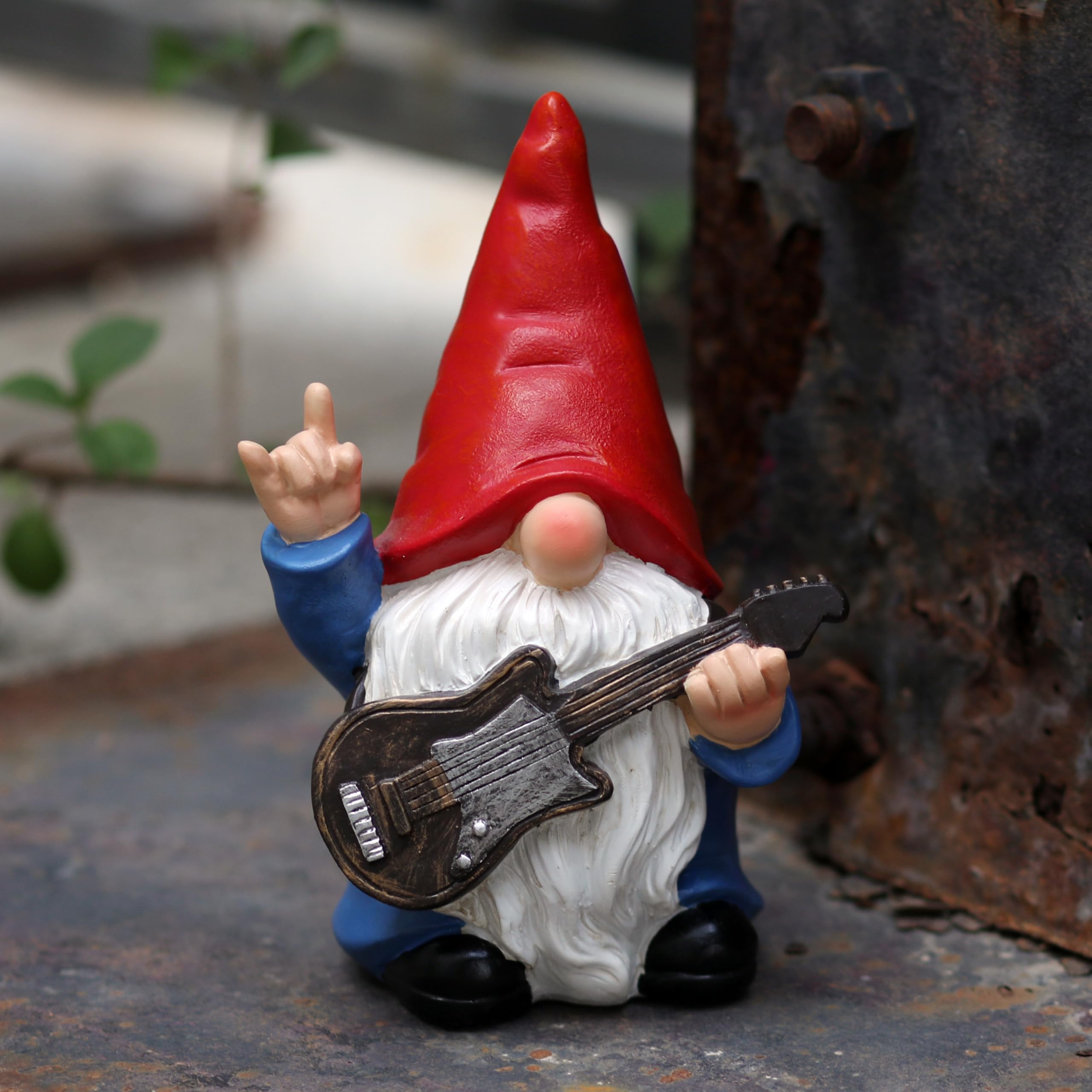 WSHMZYHOME Garden Gnome with Guitar Figurine, Red Hat, Blue Outfit, Indoor Outdoor Decorative Statue