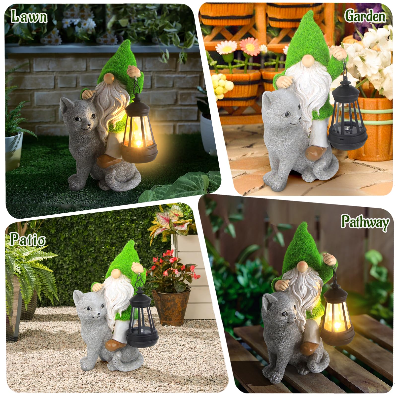 Sinhra Garden Cat Gnome Decoration with Solar Lights, Resin Flocked Gnome Figurine Holding Lantern, Outdoor Statue, Grey, Water Resistant, LED Light, 6.1”L x 10.62”H