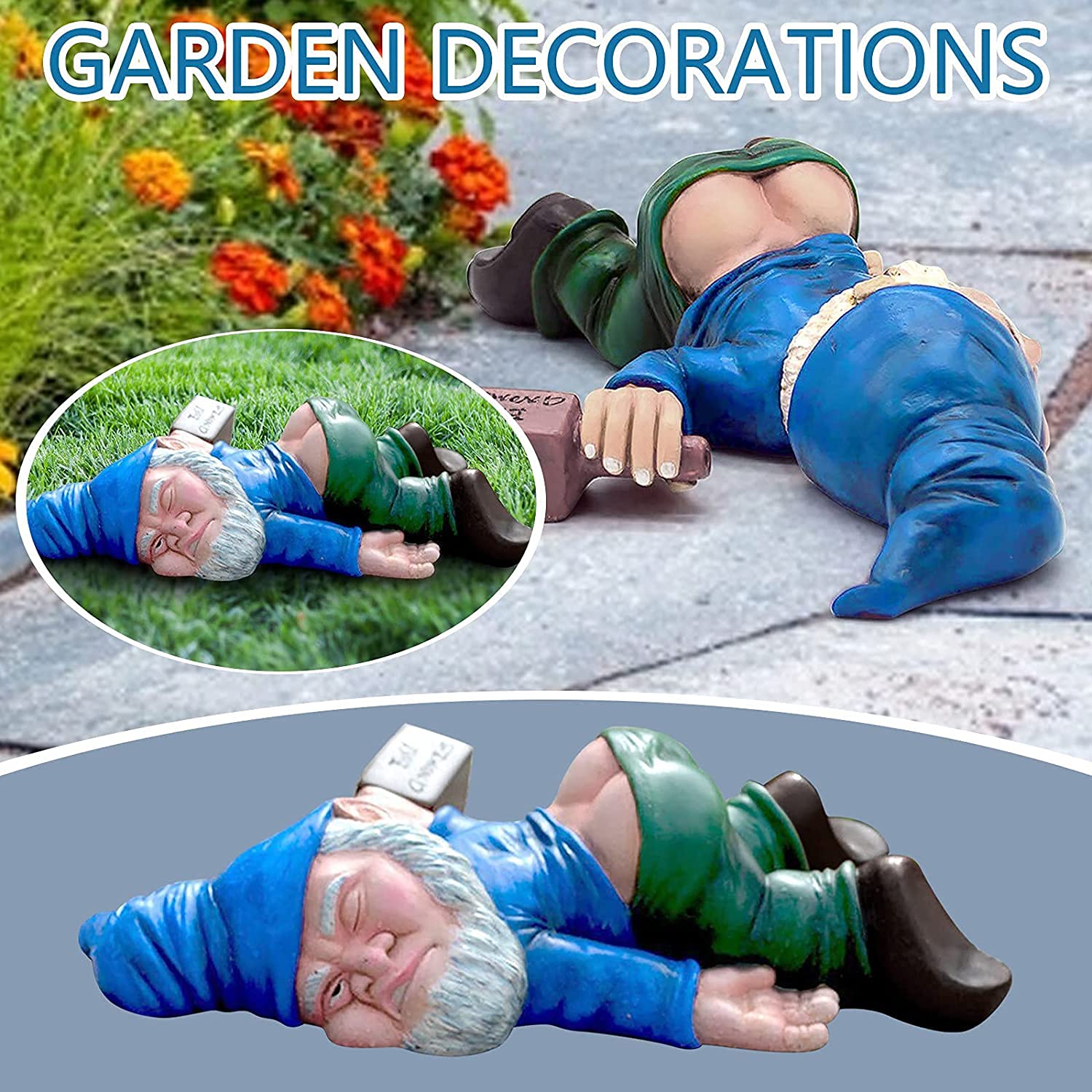 Funny Drunk Dwarf Statue Resin Garden Gnome Decoration for Outdoor Patio Yard Lawn Park Miniature Creative Ornament Elf Crafts Naughty Figurine Collection Farmhouse Decor Gift (Blue)