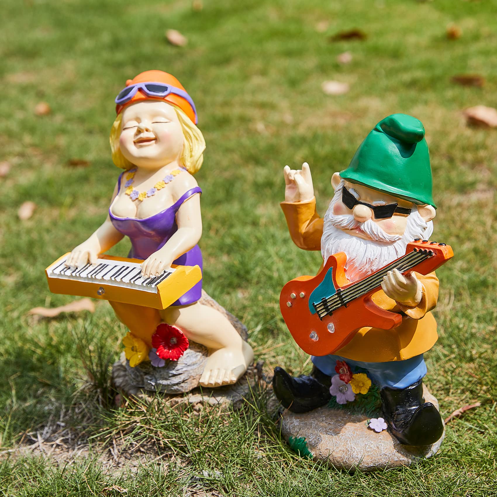 Rock N Roll Musician Gnomes with Solar LED Light Instruments | Set of 2 | Musician, Pianist, Guitarist Garden Statue, Yard Art Décor, Indoor & Outdoor Ornament for Lawn, Patio Sculpture - 10"-11" H