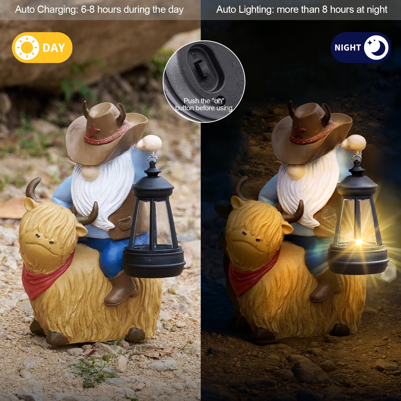 RM ROOMERS Highland Cow Decor Outdoor Garden Gnomes Solar Highland Cow Gnome Statue Resin Patio Yard Decorations Funny Outdoor Figurine Solar Lights Gnomes Unique Gifts for Women Housewarming