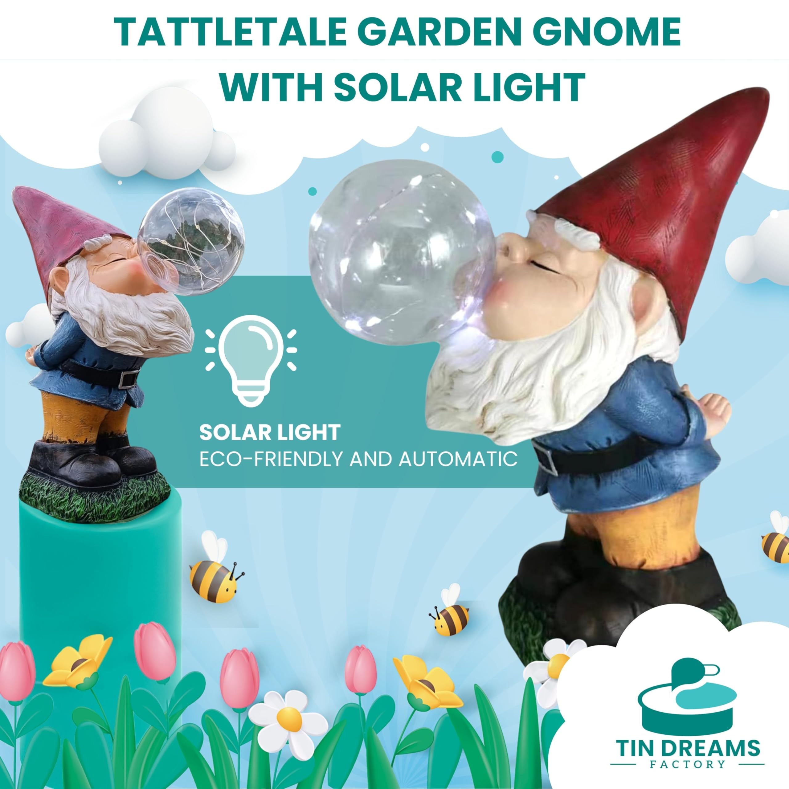 TIN DREAMS FACTORY | Tattletale Gnome with Solar Light – Decorative Garden Resin Figure – Outdoor Gnome with Glowing LED Bubble – Fun Ornament for Garden, Patio & Terrace