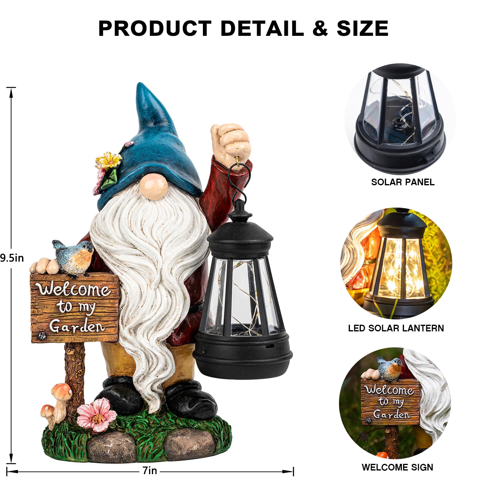C&Y&G&X Garden Gnome Statue,Outdoor Gnome Decor Solar Lantern Lights and Welcome Sign,Yard Art Decorations, Ideal Housewarming Gift