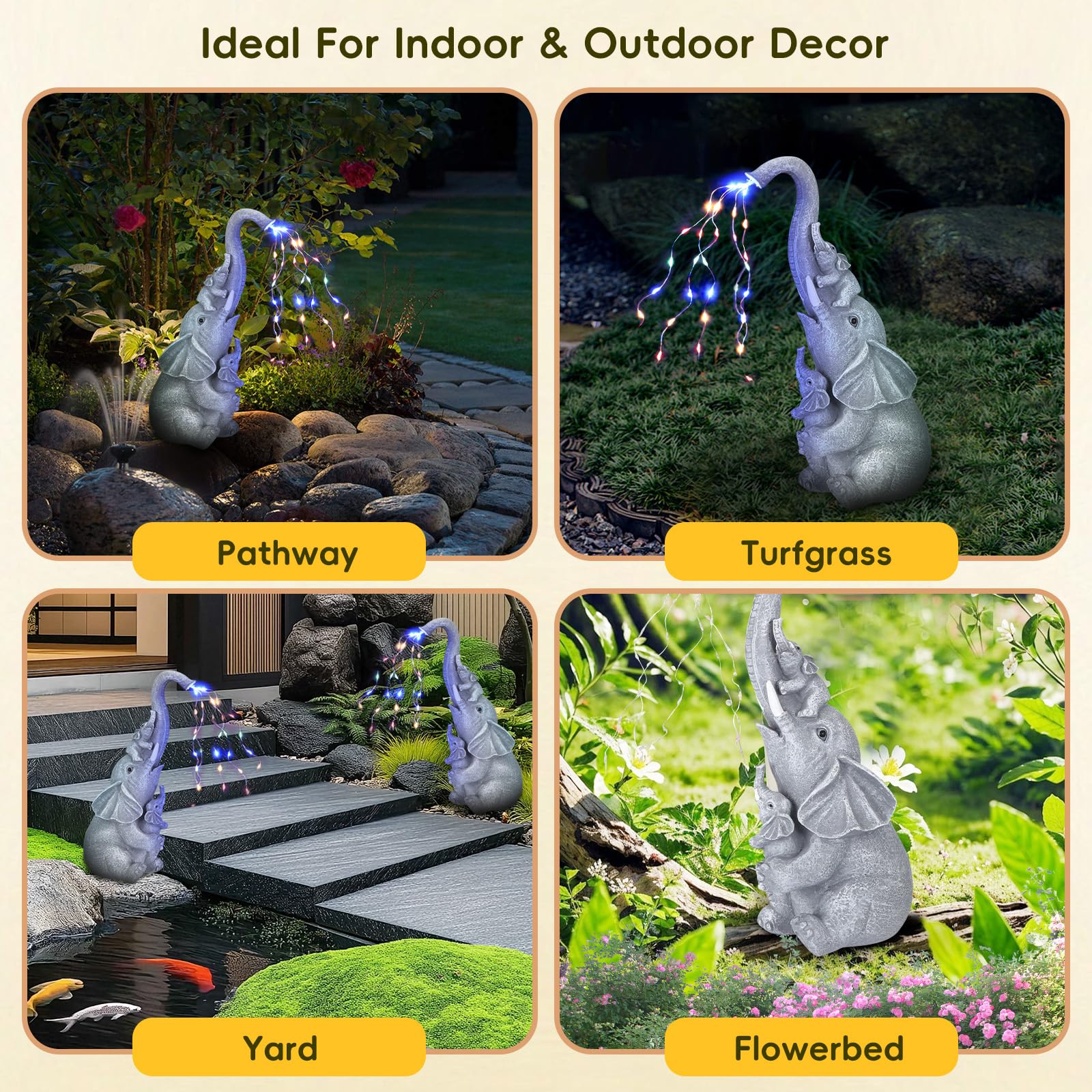 QCXWCJWD Garden Ornaments Outdoor Elephant Statue, 30cm Elephant Statue with Solar Watering Lights, Resin Elephant Ornaments with Solar Lights for Patio Yard, Waterproof Garden Elephant Gifts for Mum