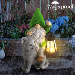 Sinhra Garden Cat Gnome Decoration with Solar Lights, Resin Flocked Gnome Figurine Holding Lantern, Outdoor Statue, Grey, Water Resistant, LED Light, 6.1”L x 10.62”H