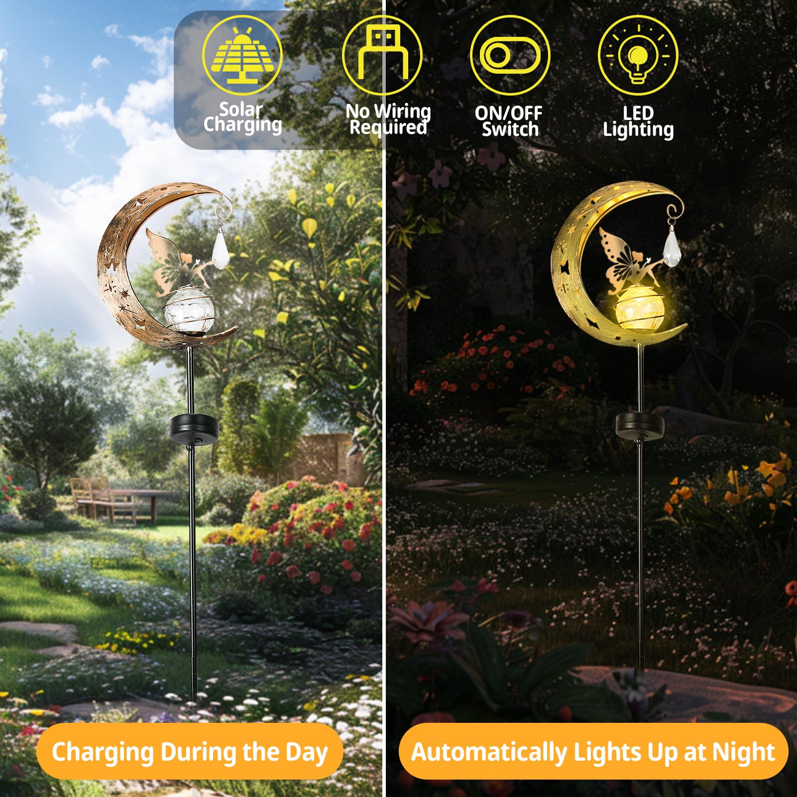 LOVERUIS Solar Garden Lights Outdoor Fairy Moon Lamp Waterproof Moon Garden Solar Light with Crackle Glass Ball LED Stake Lights Angel Decorative for Grave Balcony Lawn Patio Pathway (Fairy)