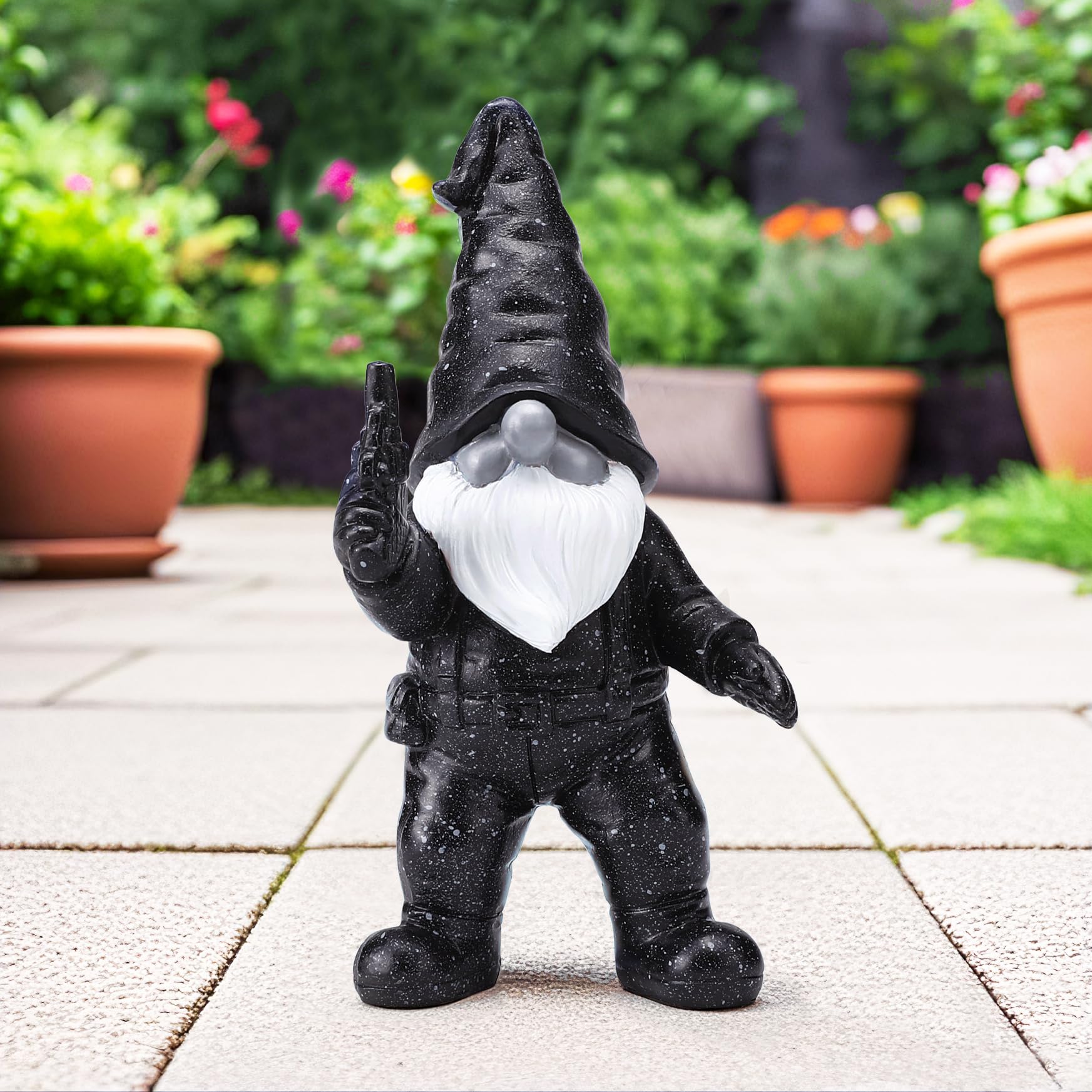 WONDHOME 6.8" Funny Garden Gnome Statues with Gun Naughty Black Gnome Figurine for Patio Lawn Yard Art Outdoor Decorations Father's Day Birthday Halloween Christmas Gardening Gift for Dad Mom