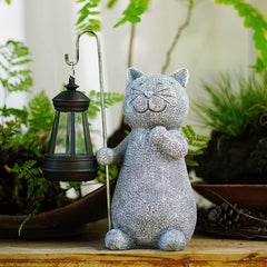 Solar Cat Statue Garden Ornament with Lantern - Weatherproof Outdoor Grey Figurine for Patio, Balcony, Fairy Gardens | 19.5cm Unique Gift for Women/Men/Mum (Birthday, Christmas)