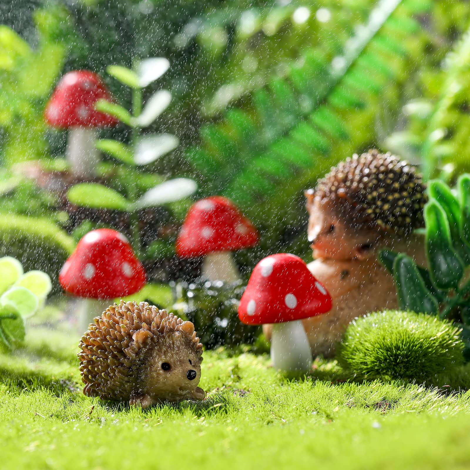 Queekay Fairy Outdoor Garden Animals Figurines Outdoor Fairy Wild Garden Accessories Resin Hedgehogs and Wood Mushroom Miniature Figurines for Plant Pots Bonsai Craft Decor Supplies
