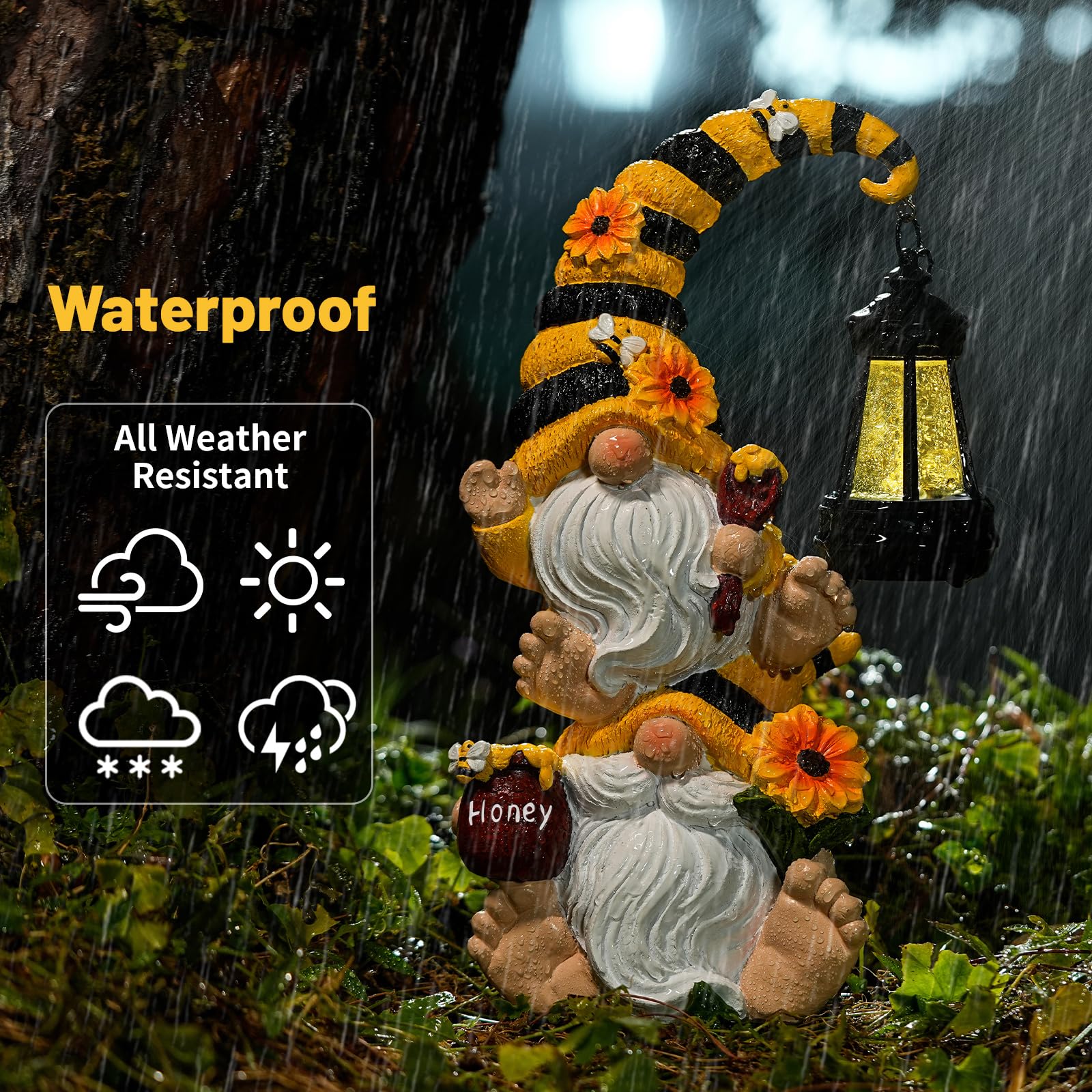 QZZP Solar Garden Gnome Statue – Funny Double Gnome Outdoor Decor for Patio, Lawn, Yard – Garden Sculptures with Solar Lights, for Women