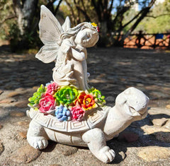 Solar Fairy Garden Statue - Angel Fairy on Turtle Figurine Outdoor Statue, Lovely Tortoise Garden Statue with 5 LED Lights Succulent Plants, Perfect Balcony Lawn Garden Decor Gift for Mom or Grandma