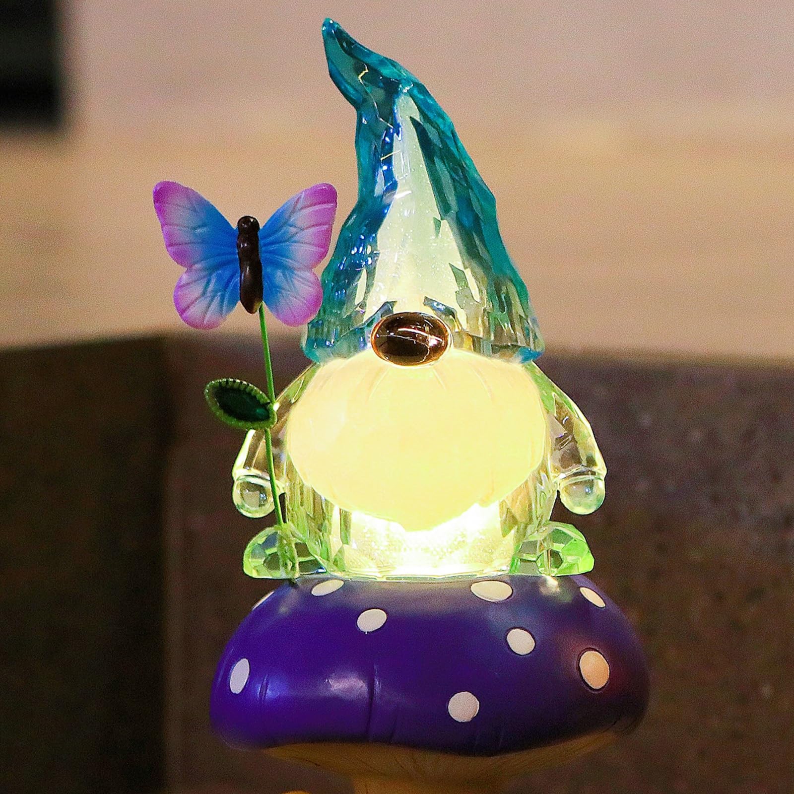 Starryfill Solar Garden Gnome Figurine in Blue Hat Plays with Butterfly on The Mushroom, 9.45inch(H) Resin Gnomes Decor with Solar Led Lights for Home Patio Lawn Backyard Christmas Decorations