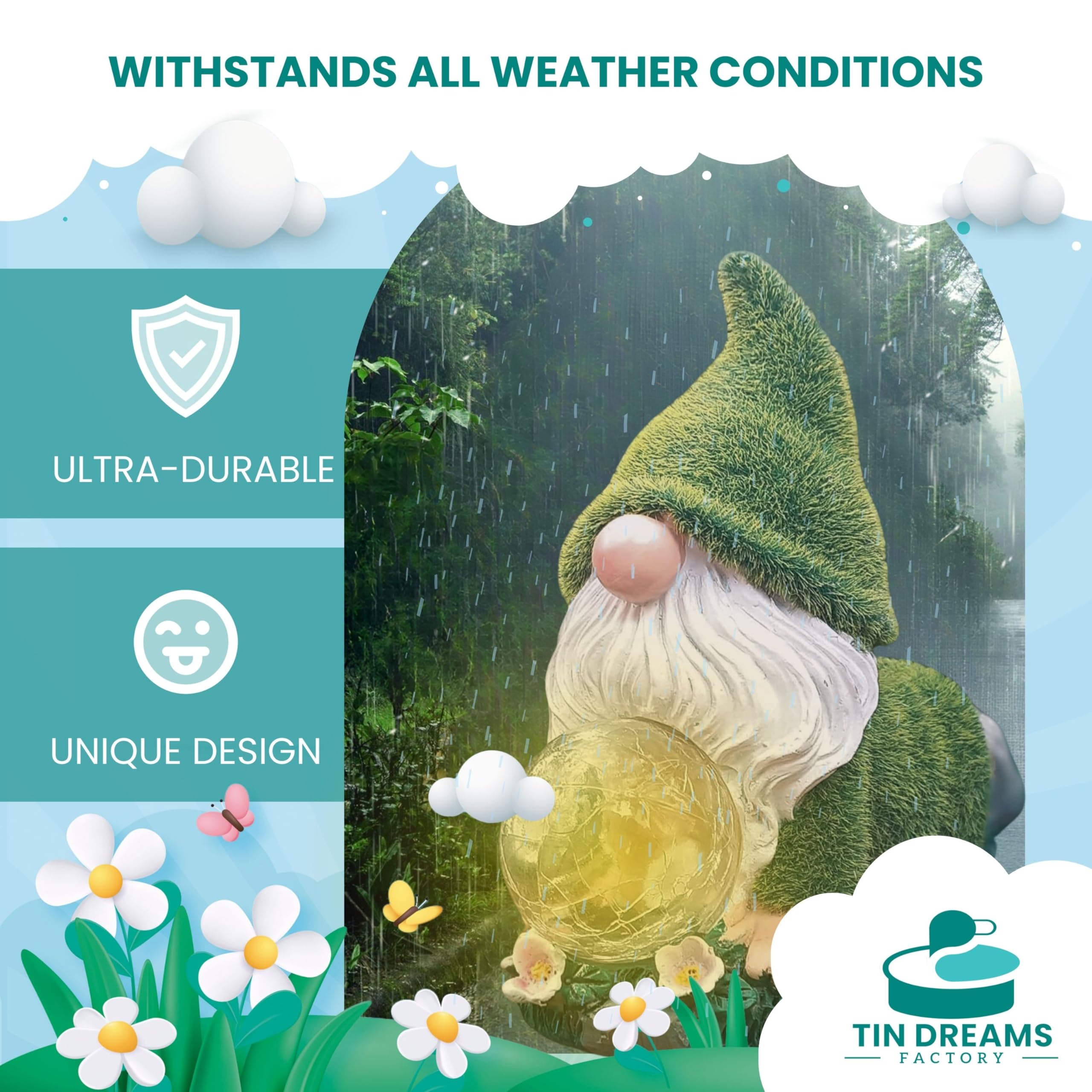 TIN DREAMS FACTORY | Yoga Gnome with Solar Light – Resin Garden Decorative Figure – Outdoor Little Gnome with LED Glowing Bubble – Relaxing Ornament for Garden, Patio and Terrace