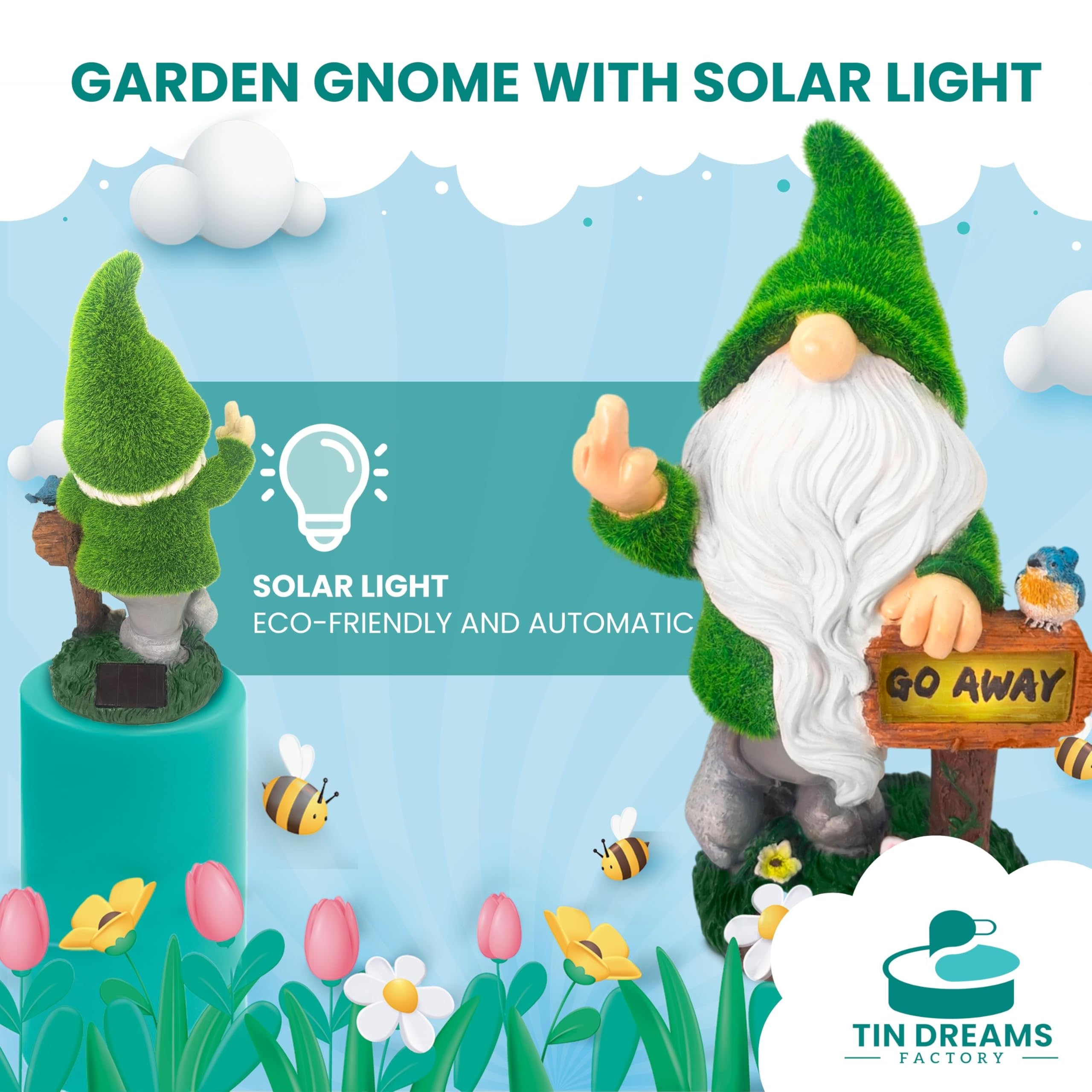 TIN DREAMS FACTORY | "Go Away Solar Rechargeable Garden Gnome - Fun Outdoor Decoration for Garden and Patio - Dwarfs - Resin Figures - Original Home Ornaments