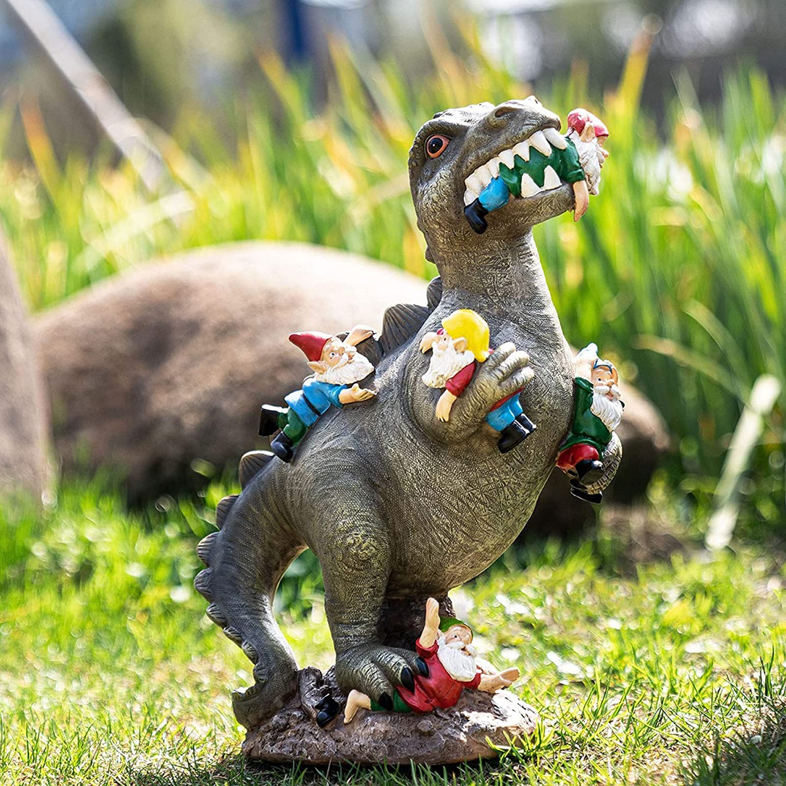 Dinosaur Food Gnomes Garden Statues, Garden Dinosaur Statue, Funny Gnomes Resin Statue Sculpture, Happy Garden Gnome Decoration Garden Sculpture, Outdoor Yard Art Decoration Lawn Decoration (L)
