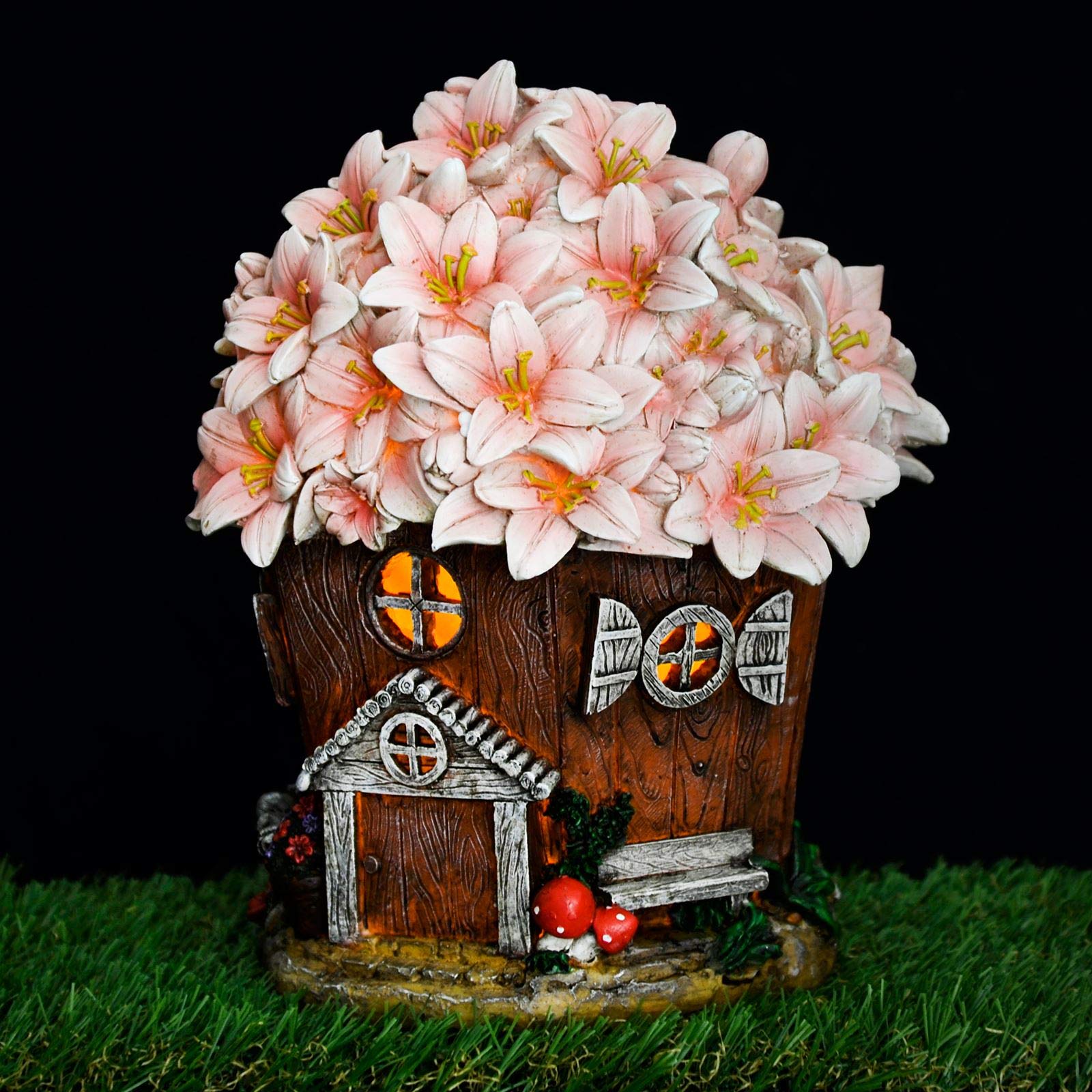 Azuma Garden Ornament Solar Powered Light Resin Decoration Flower House Pink Building Patio Outdoor Novelty LED