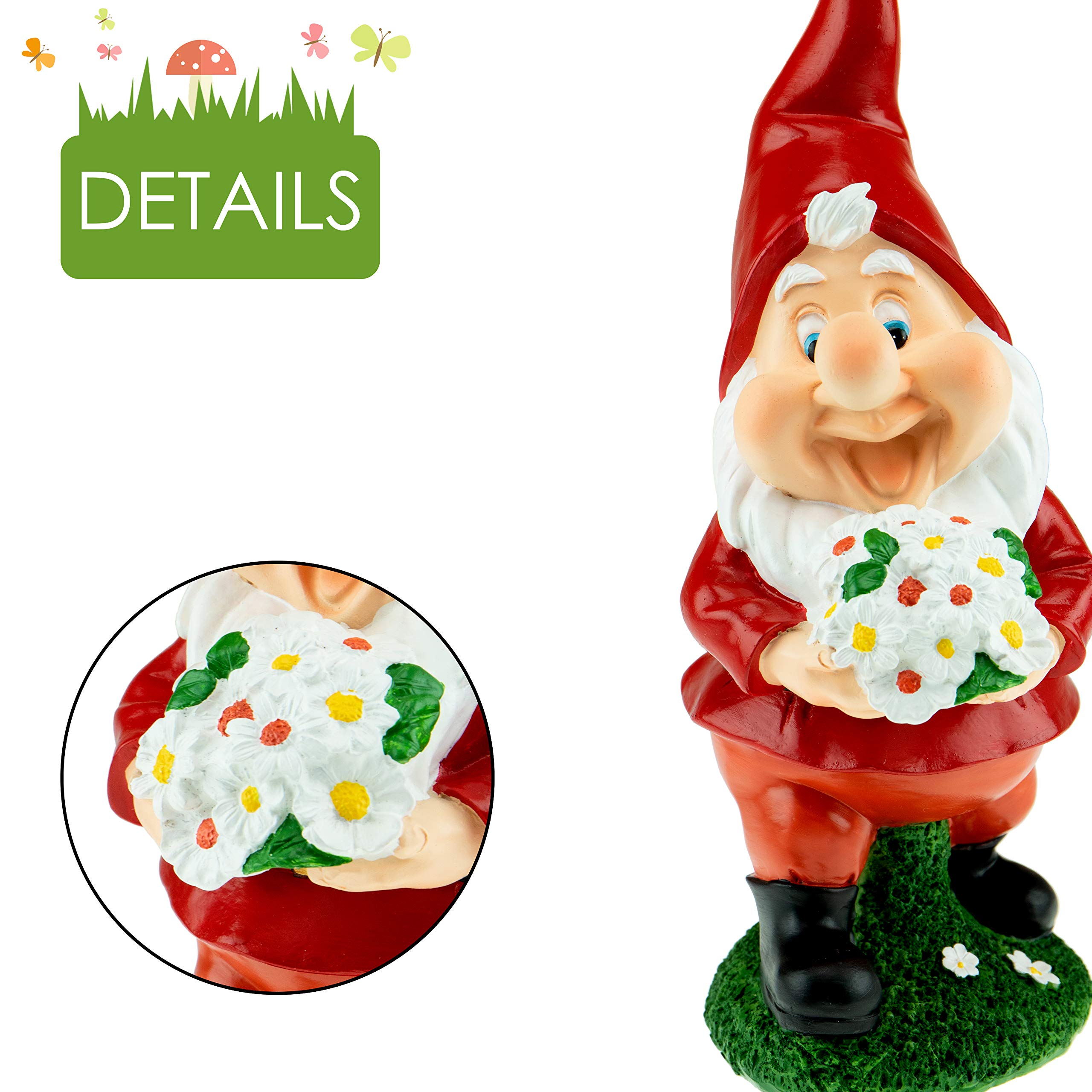 CLEVER GARDEN Garden Gnome Statue Outdoor Décor, 11 Inch Tall Resin Figurine, Bouquet