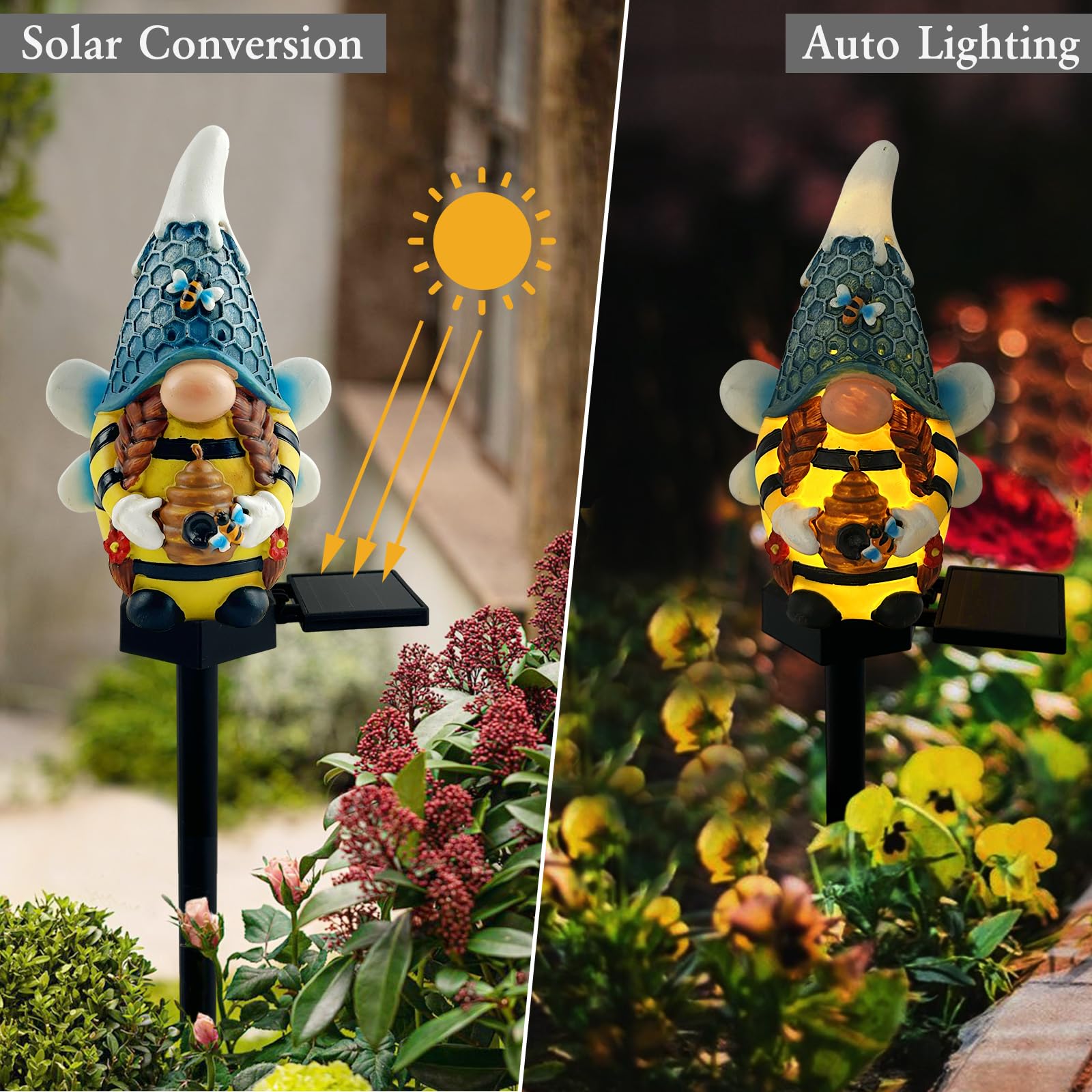 LAIAMER Solar Gnome Garden Lights, Outdoor Gnome Statue with Bees & Honey Jars, Solar Powered Fairy Garden Lights Gnome Decorations for Home Outside Yard Lawn Patio Gnomes Gifts (Bee)