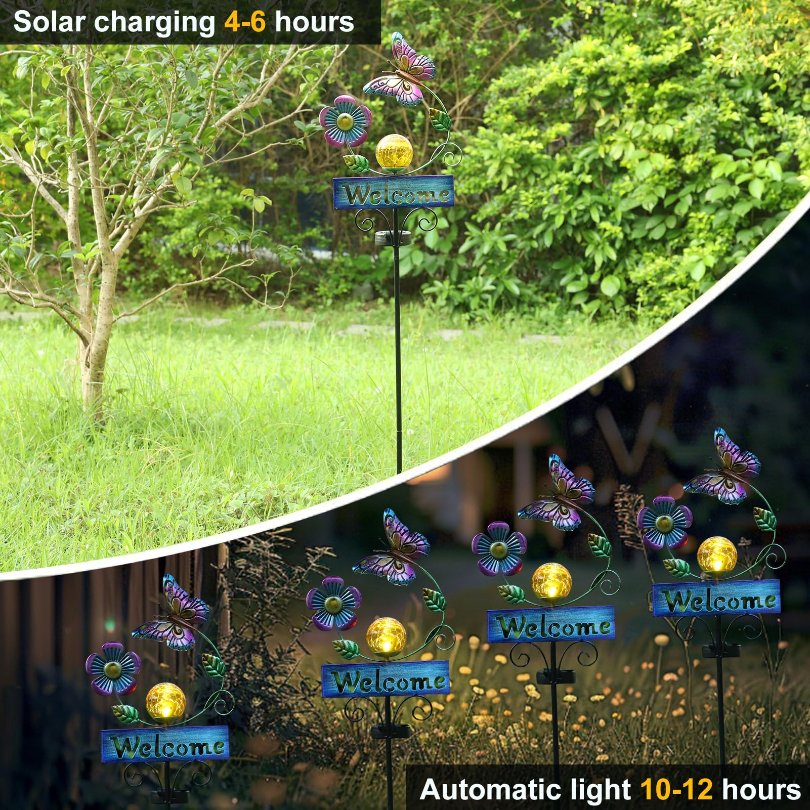 LOVERUIS Solar Lights Outdoor Garden Butterfly Welcome Sign with Cracker Ball Waterproof Butterflies Garden Ornament Gift for Mom Wife