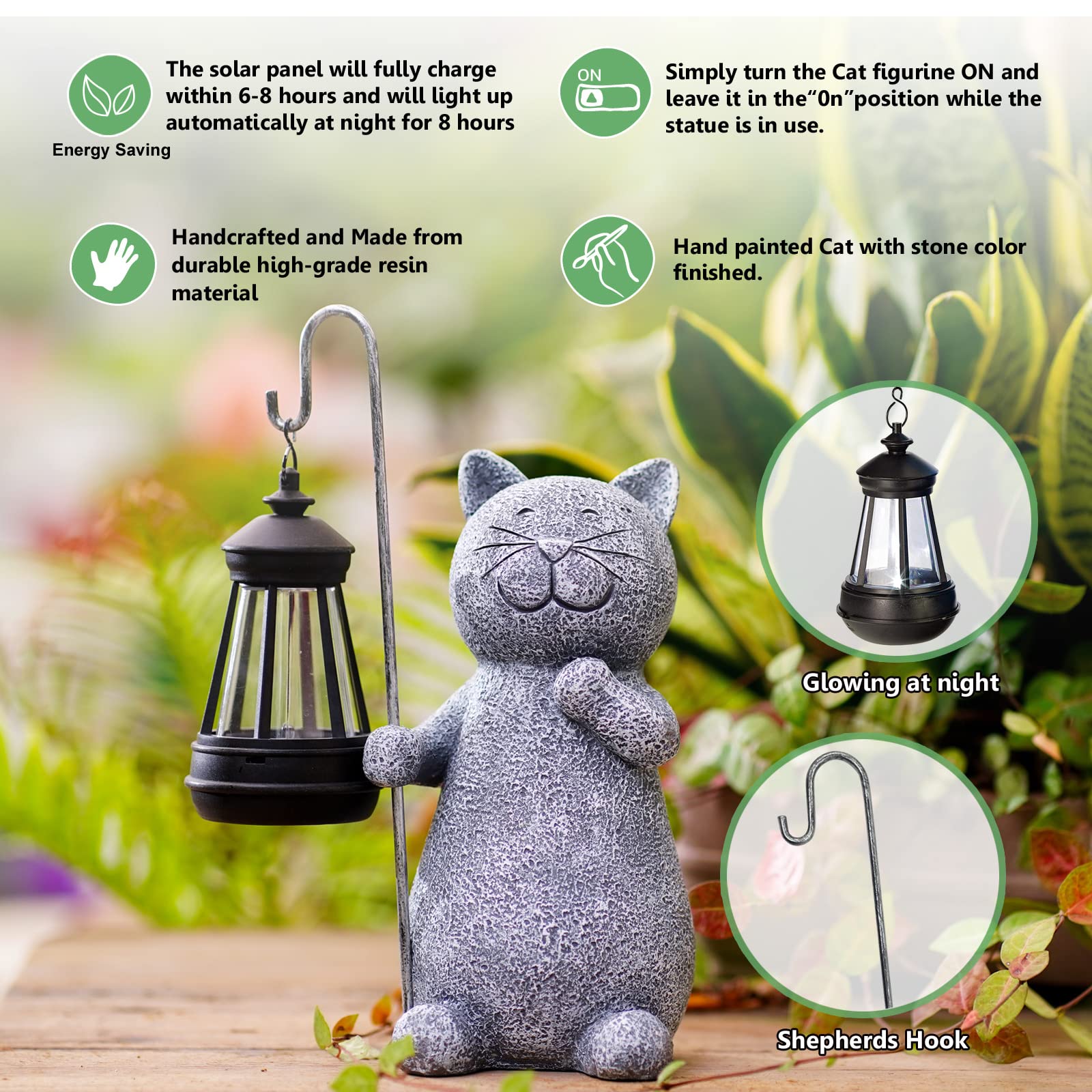 Solar Cat Statue Garden Ornament with Lantern - Weatherproof Outdoor Grey Figurine for Patio, Balcony, Fairy Gardens | 19.5cm Unique Gift for Women/Men/Mum (Birthday, Christmas)