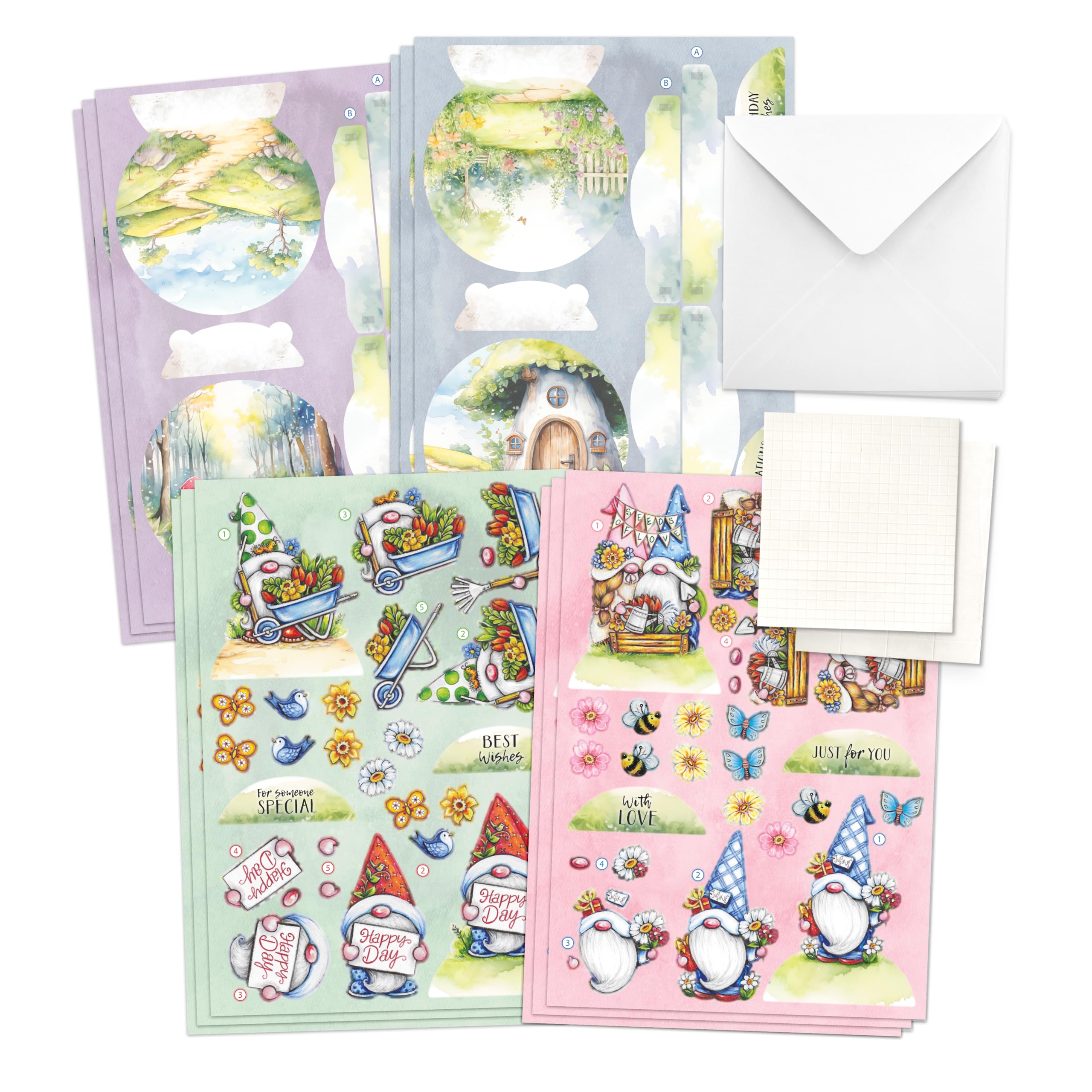 Katy Sue Garden Gnomes Die-Cut Pop-Up Card Making Kit for Adults. Makes 12 Cards & Contains Gnome or Gonk Die-Cut Decoupage Paper Sheets, Supports, Envelopes & Foam Pads for Card Making Supplies
