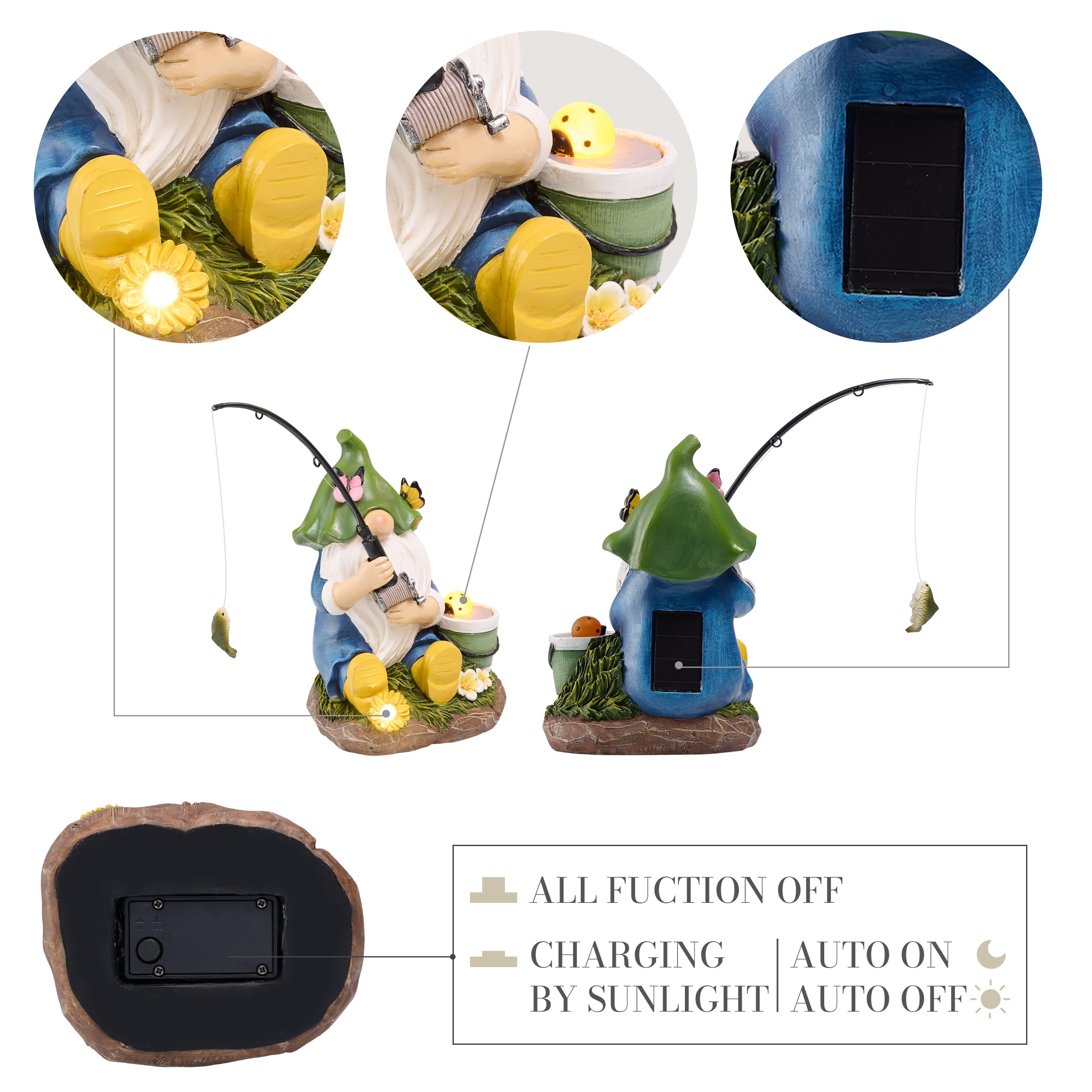 TERESA'S COLLECTIONS Garden Ornaments Outdoor, Lovely Fishing Gnomes with Flowers and Solar Lights, Family Gnomes Series, Waterproof Resin Ornaments, Garden Decorations Gifts Indoor Outdoor 23CM