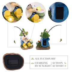 TERESA'S COLLECTIONS Garden Ornaments Outdoor, Lovely Fishing Gnomes with Flowers and Solar Lights, Family Gnomes Series, Waterproof Resin Ornaments, Garden Decorations Gifts Indoor Outdoor 23CM